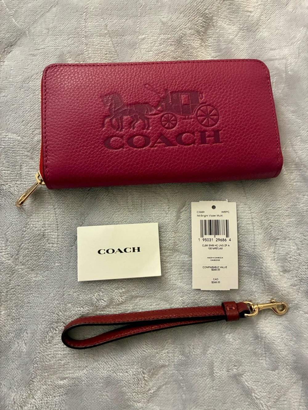 Coach Horse & Carriage Pebbled Leather Colorblock Long Zip Wallet, Red/Pink - Picture 3 of 9